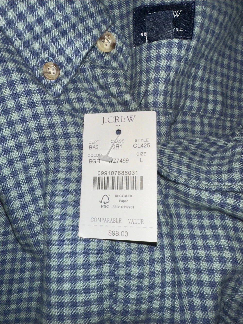 J. Crew Men's Blue and Green Mini Gingham Button-Down Shirt